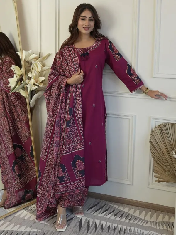 Floral_Embroidered_Pure_Cotton_Round_Neck_Purple_Kurta_Trouser_&_Dupatta_Set