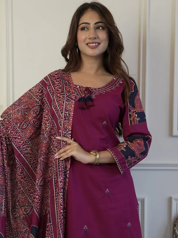 Floral_Embroidered_Pure_Cotton_Round_Neck_Purple_Kurta_Trouser_&_Dupatta_Set