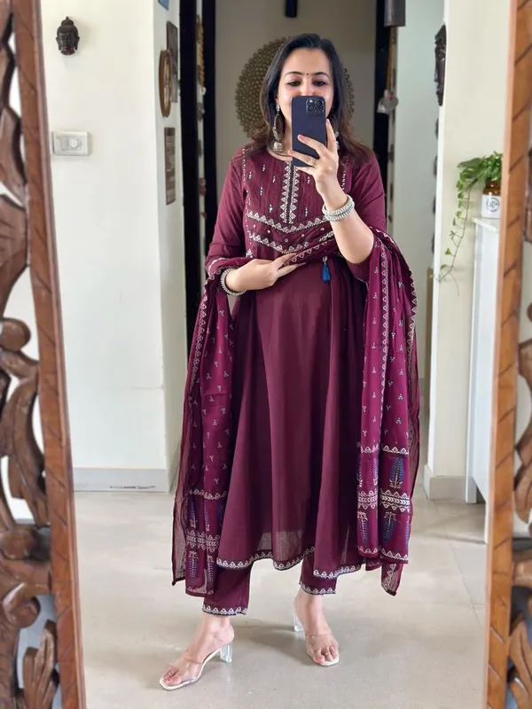 Floral_Embroidered_Pure_Cotton_Round_Neck_Wine_Kurta_Trouser_&_Dupatta_Set