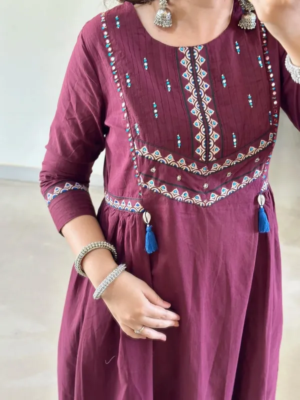 Floral_Embroidered_Pure_Cotton_Round_Neck_Wine_Kurta_Trouser_&_Dupatta_Set