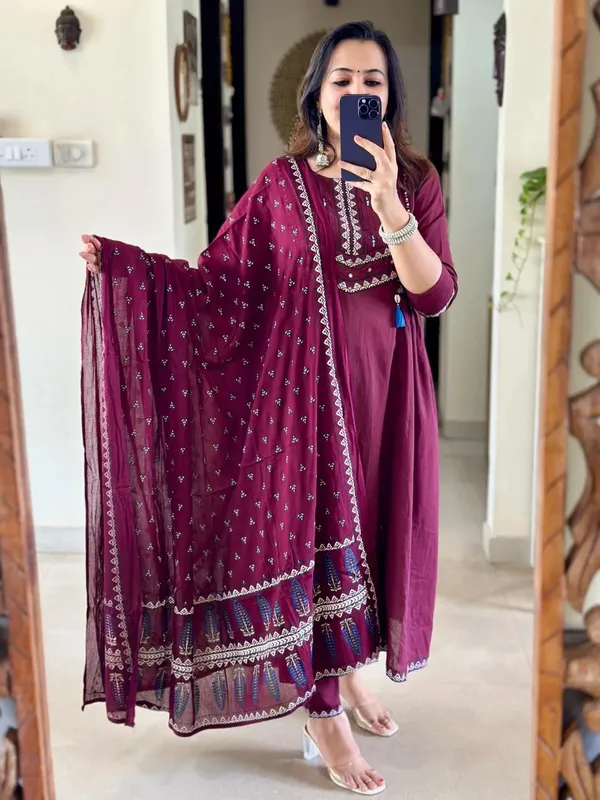 Floral_Embroidered_Pure_Cotton_Round_Neck_Wine_Kurta_Trouser_&_Dupatta_Set