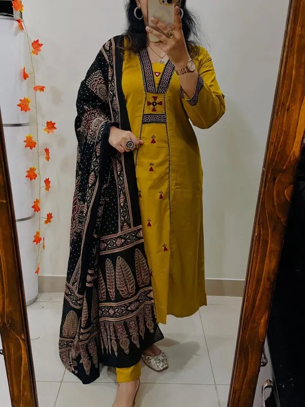 Floral__Embroidered_Pure_Cotton_V-Neck_Yellow_Kurta_Trouser_&_Dupatta_Set