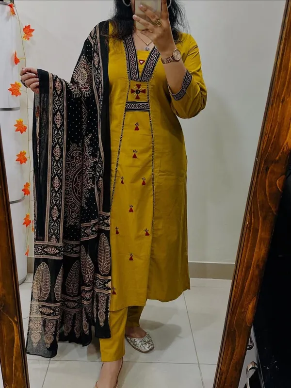 Floral__Embroidered_Pure_Cotton_V-Neck_Yellow_Kurta_Trouser_&_Dupatta_Set