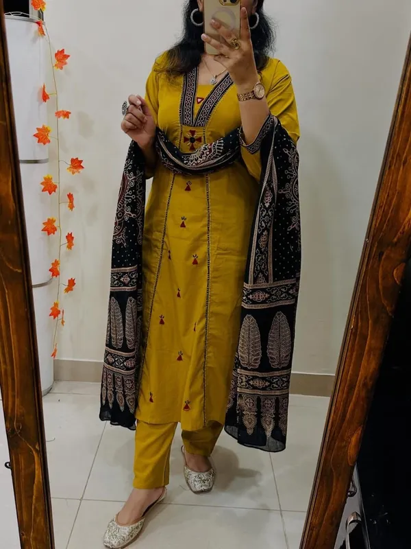 Floral__Embroidered_Pure_Cotton_V-Neck_Yellow_Kurta_Trouser_&_Dupatta_Set