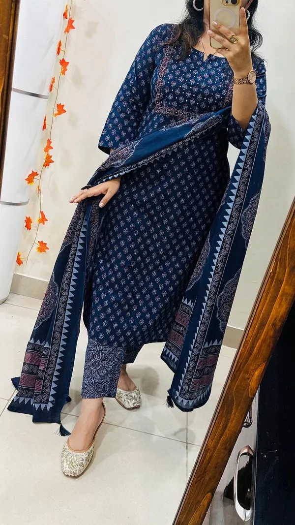 Floral_Printed_Pure_Cotton_Round_Neck_Blue_Kurta_Trouser_&_Dupatta_Set