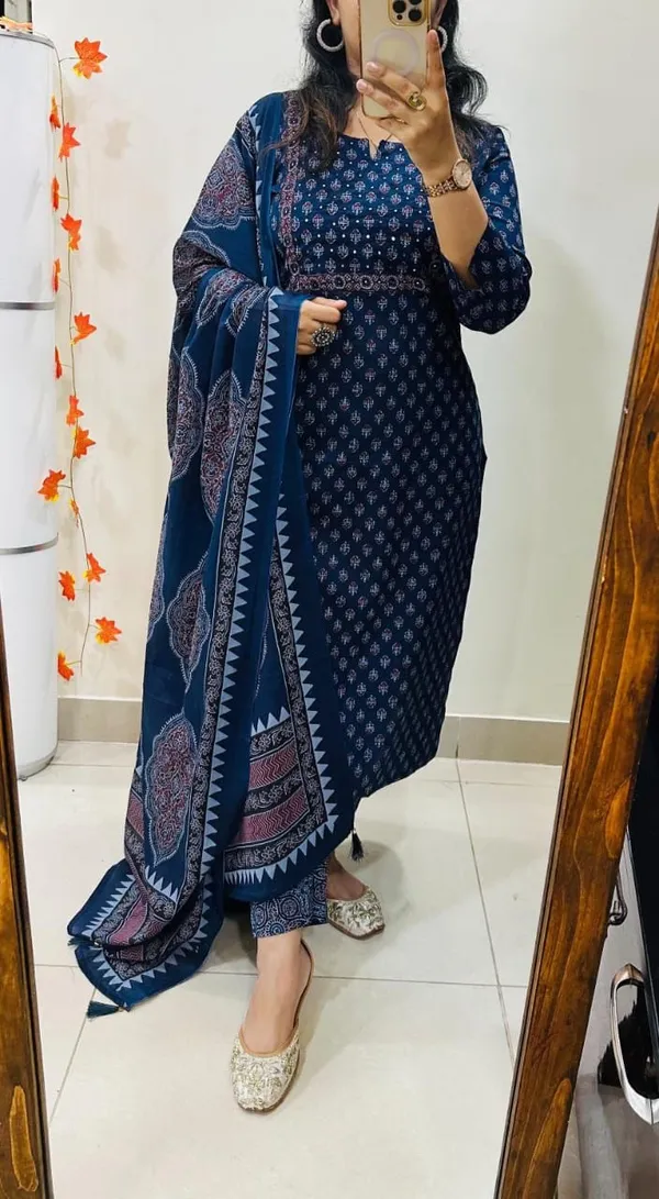 Floral_Printed_Pure_Cotton_Round_Neck_Blue_Kurta_Trouser_&_Dupatta_Set