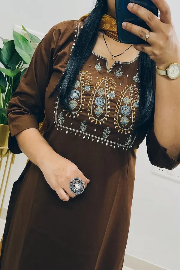Floral_embroidered_Pure_Cotton_Round_Neck_Brown_Kurta_Trouser_&_Dupatta_Set