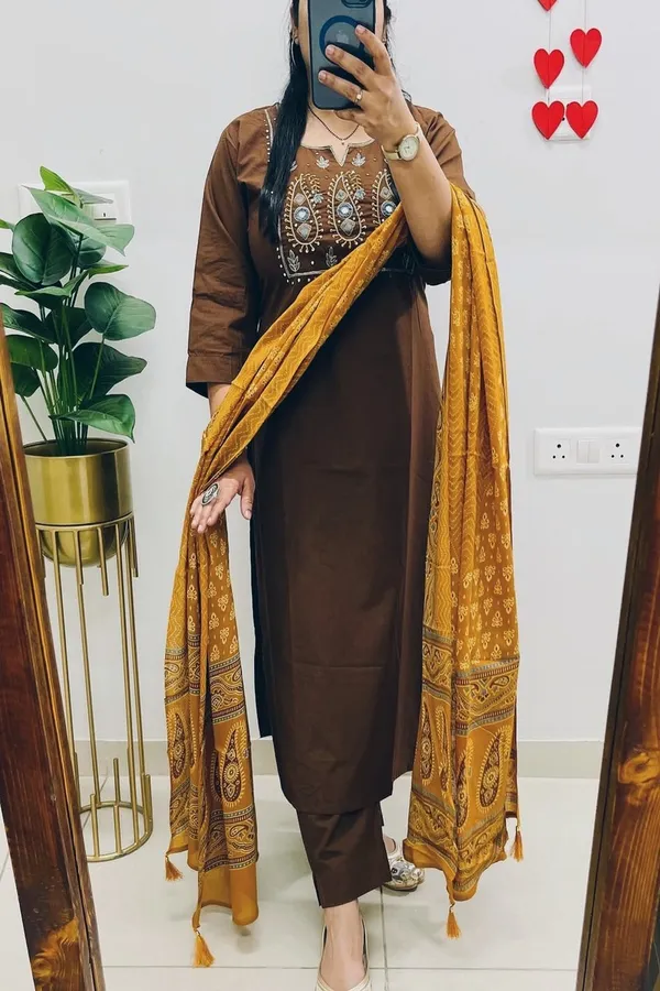 Floral_embroidered_Pure_Cotton_Round_Neck_Brown_Kurta_Trouser_&_Dupatta_Set