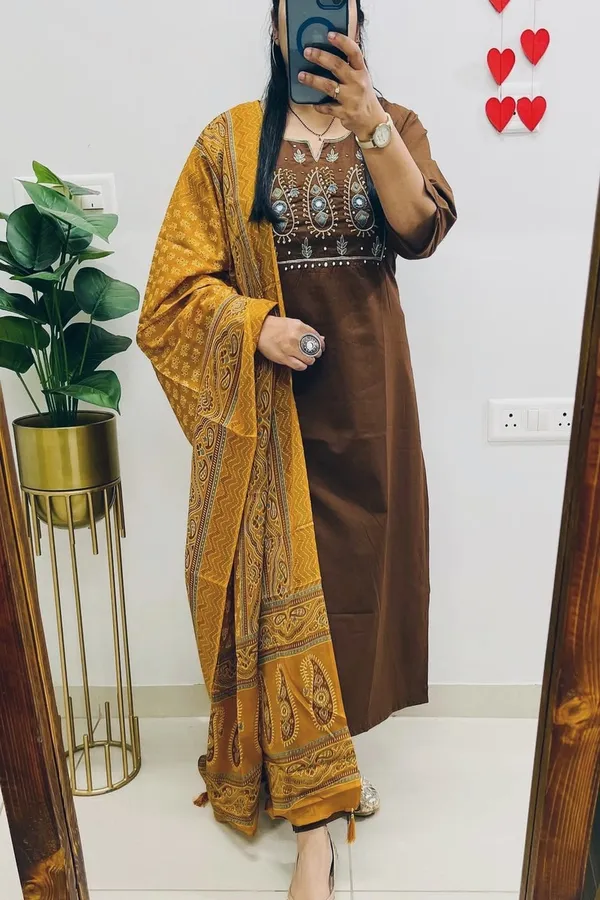 Floral_embroidered_Pure_Cotton_Round_Neck_Brown_Kurta_Trouser_&_Dupatta_Set