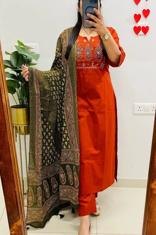 Floral_embroidered_Pure_Cotton_Round_Neck_Rust_Kurta_Trouser_&_Dupatta_Set