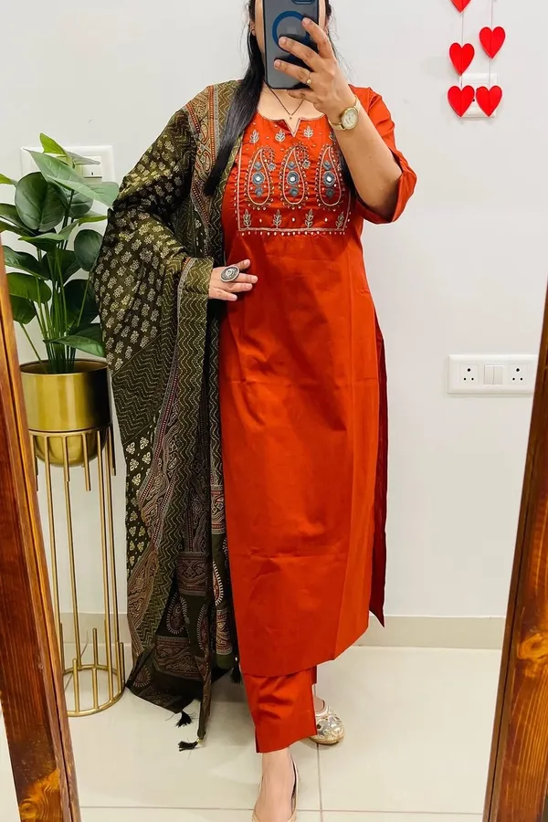 Floral_embroidered_Pure_Cotton_Round_Neck_Rust_Kurta_Trouser_&_Dupatta_Set