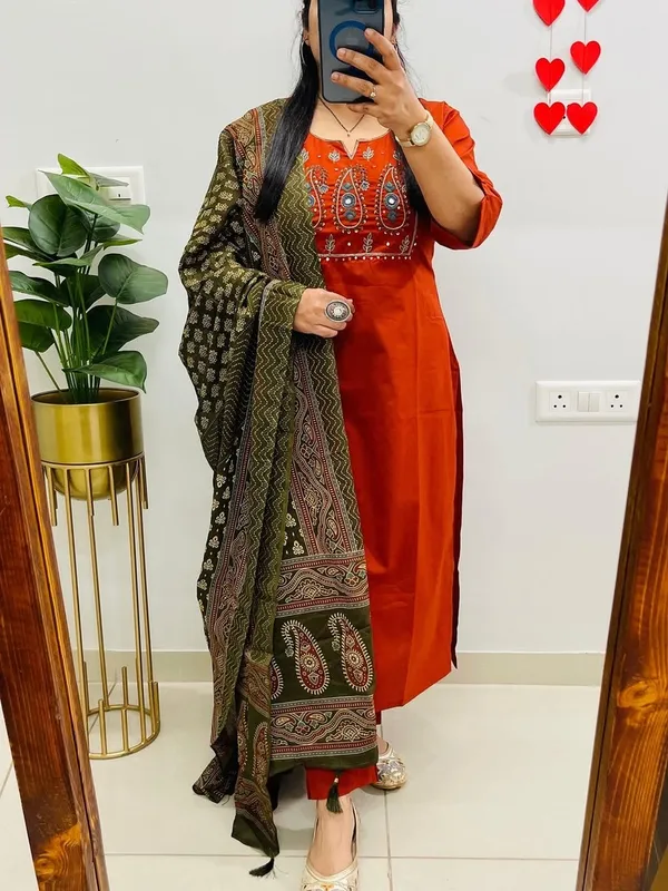 Floral_embroidered_Pure_Cotton_Round_Neck_Rust_Kurta_Trouser_&_Dupatta_Set