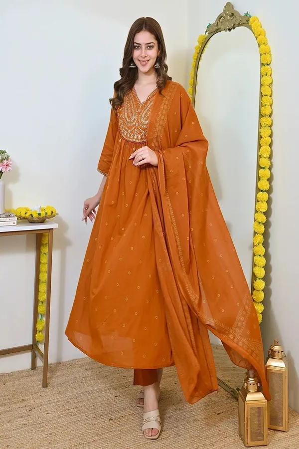 Floral_Printed_Pure_Cotton_V_Neck_Brown_Kurta_Trouser_&_Dupatta_Set