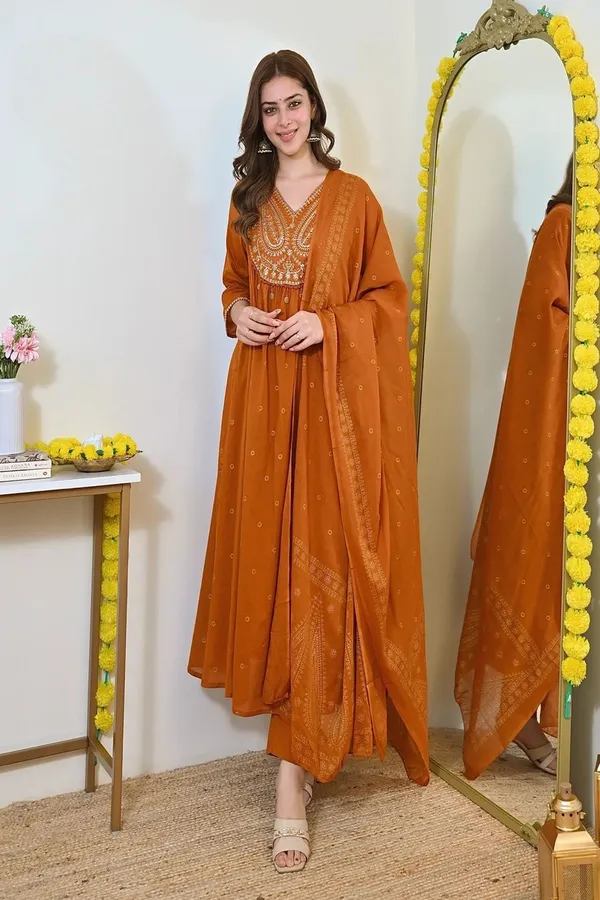 Floral_Printed_Pure_Cotton_V_Neck_Brown_Kurta_Trouser_&_Dupatta_Set