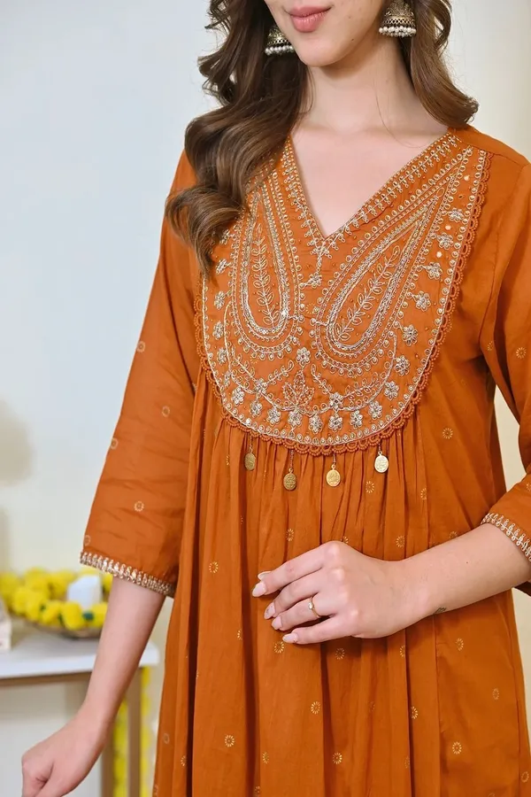 Floral_Printed_Pure_Cotton_V_Neck_Brown_Kurta_Trouser_&_Dupatta_Set