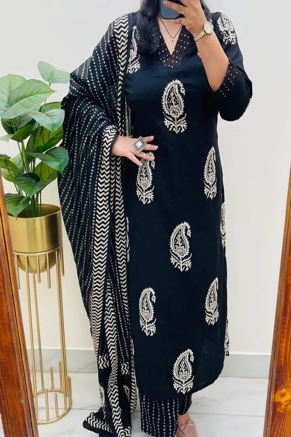 Floral_embroidered_Pure_Cotton_V_Neck_Black_Kurta_Trouser_&_Dupatta_Set