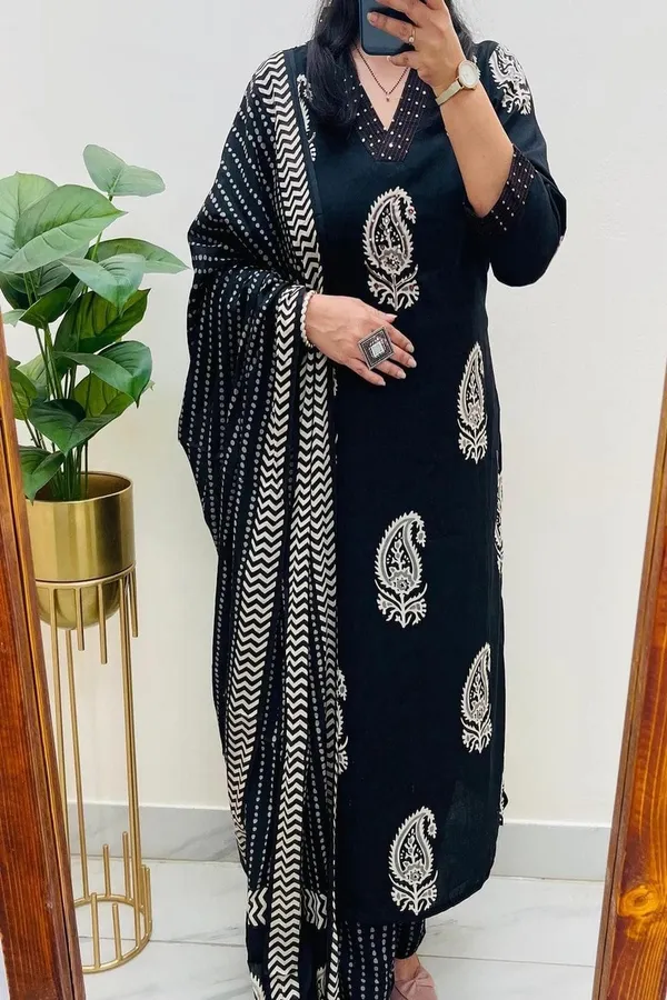 Floral_embroidered_Pure_Cotton_V_Neck_Black_Kurta_Trouser_&_Dupatta_Set