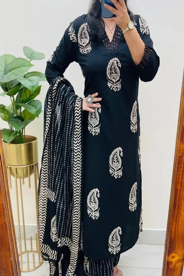 Floral_embroidered_Pure_Cotton_V_Neck_Black_Kurta_Trouser_&_Dupatta_Set