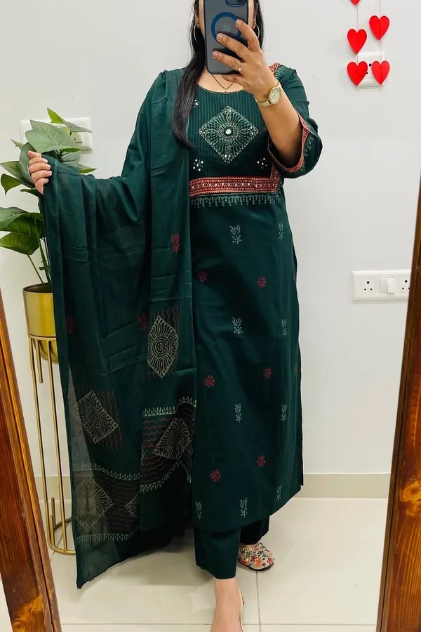 Floral_embroidered_Pure_Cotton_Round_Neck_Green_Kurta_Trouser_&_Dupatta_Set