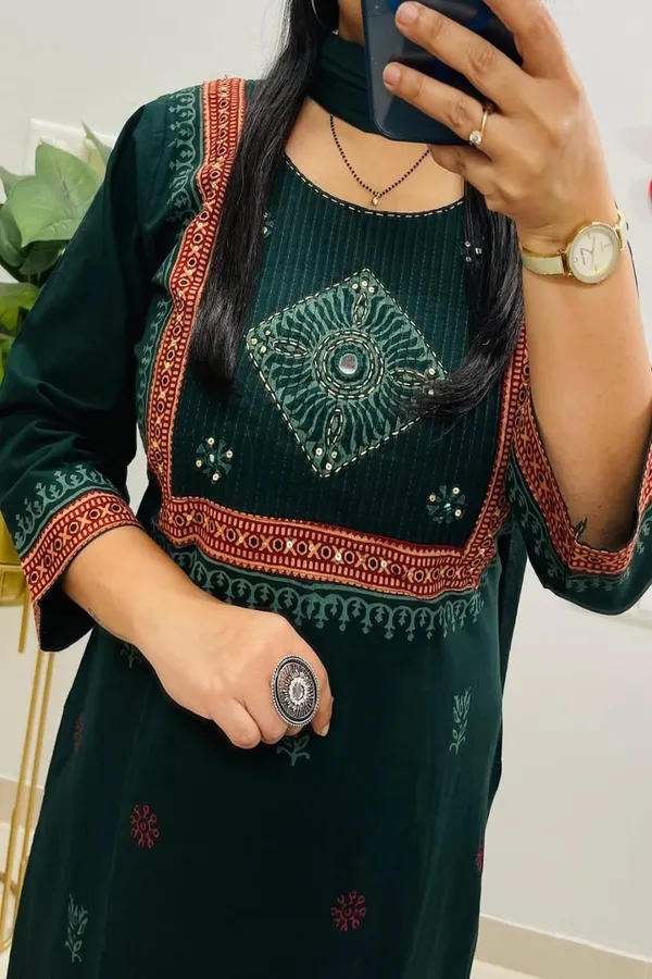 Floral_embroidered_Pure_Cotton_Round_Neck_Green_Kurta_Trouser_&_Dupatta_Set