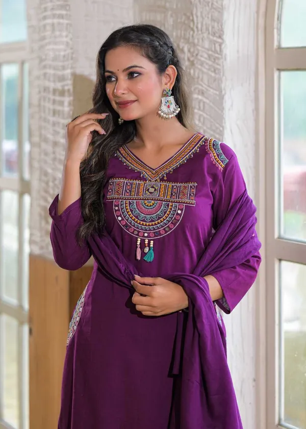 Floral_embroidered_Pure_Cotton_V_Neck_Blue_Kurta_Trouser_&_Dupatta_Set