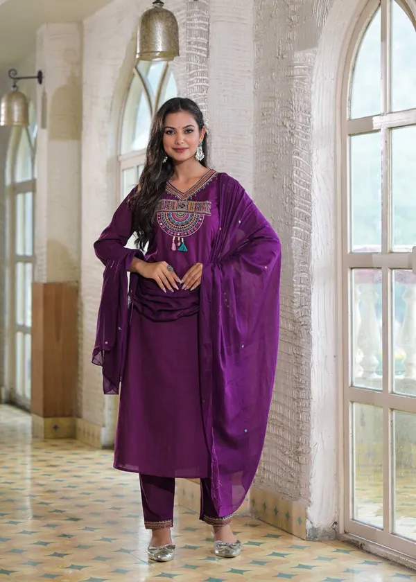 Floral_embroidered_Pure_Cotton_V_Neck_Blue_Kurta_Trouser_&_Dupatta_Set
