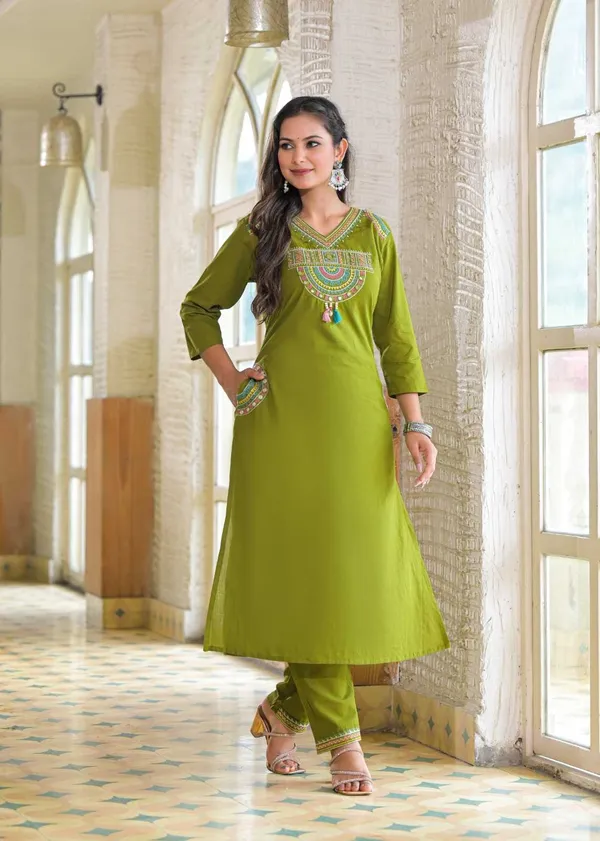 Floral_embroidered_Pure_Cotton_V_Neck_Green_Kurta_Trouser_&_Dupatta_Set