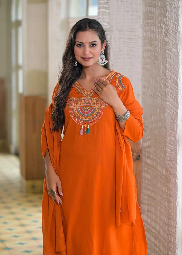 Floral_embroidered_Pure_Cotton_V_Neck_Orange_Kurta_Trouser_&_Dupatta_Set