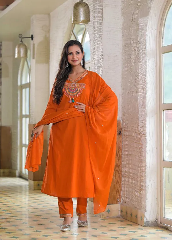 Floral_embroidered_Pure_Cotton_V_Neck_Orange_Kurta_Trouser_&_Dupatta_Set