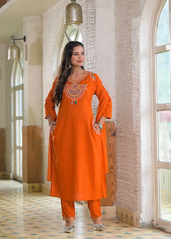 Floral_embroidered_Pure_Cotton_V_Neck_Orange_Kurta_Trouser_&_Dupatta_Set