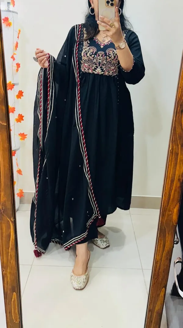 Floral_embroidered_Pure_Cotton_V_Neck_Black_Kurta_Trouser_&_Dupatta_Set