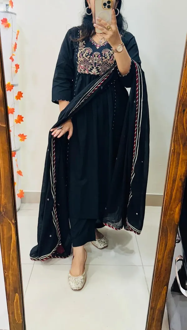 Floral_embroidered_Pure_Cotton_V_Neck_Black_Kurta_Trouser_&_Dupatta_Set