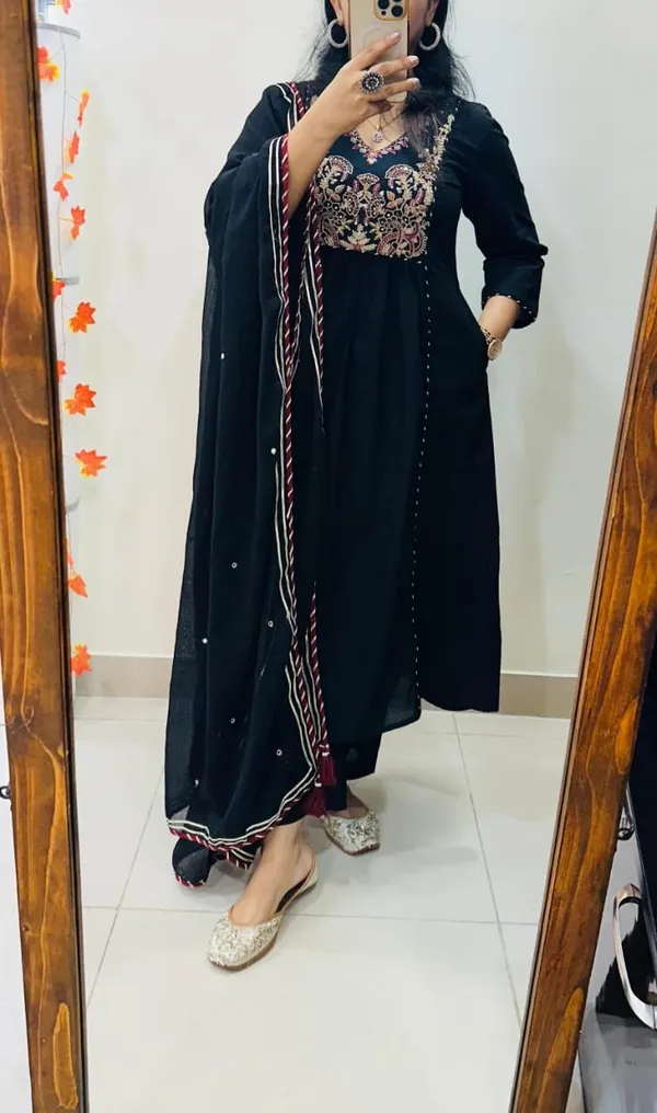 Floral_embroidered_Pure_Cotton_V_Neck_Black_Kurta_Trouser_&_Dupatta_Set
