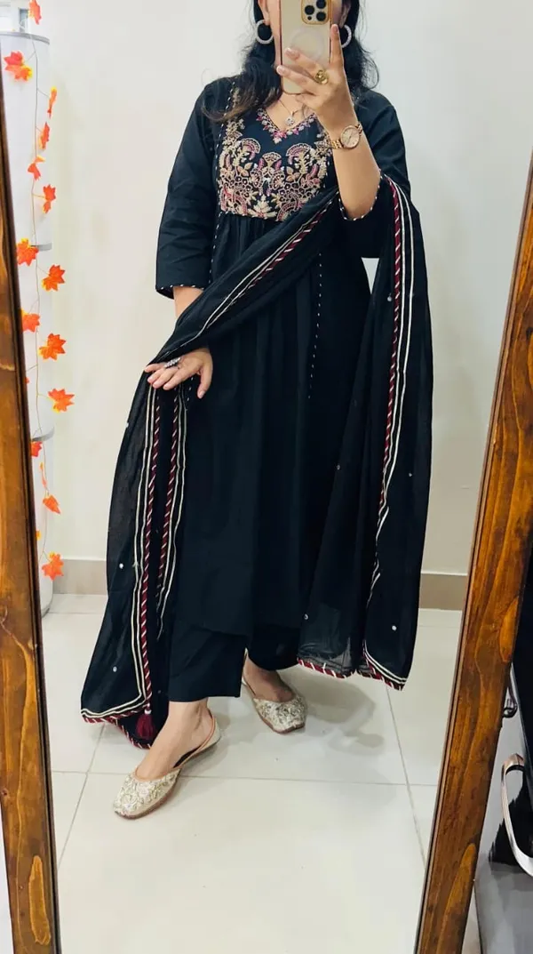 Floral_embroidered_Pure_Cotton_V_Neck_Black_Kurta_Trouser_&_Dupatta_Set