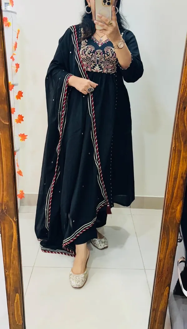 Floral_embroidered_Pure_Cotton_V_Neck_Black_Kurta_Trouser_&_Dupatta_Set