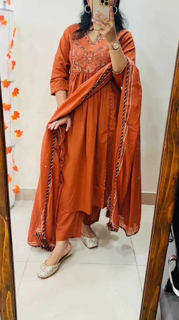 Floral_embroidered_Pure_Cotton_V_Neck_Rust_Kurta_Trouser_&_Dupatta_Set