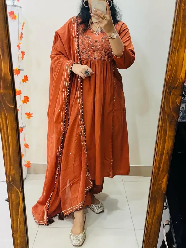 Floral_embroidered_Pure_Cotton_V_Neck_Rust_Kurta_Trouser_&_Dupatta_Set
