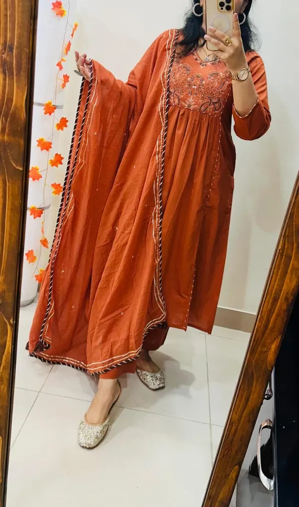 Floral_embroidered_Pure_Cotton_V_Neck_Rust_Kurta_Trouser_&_Dupatta_Set