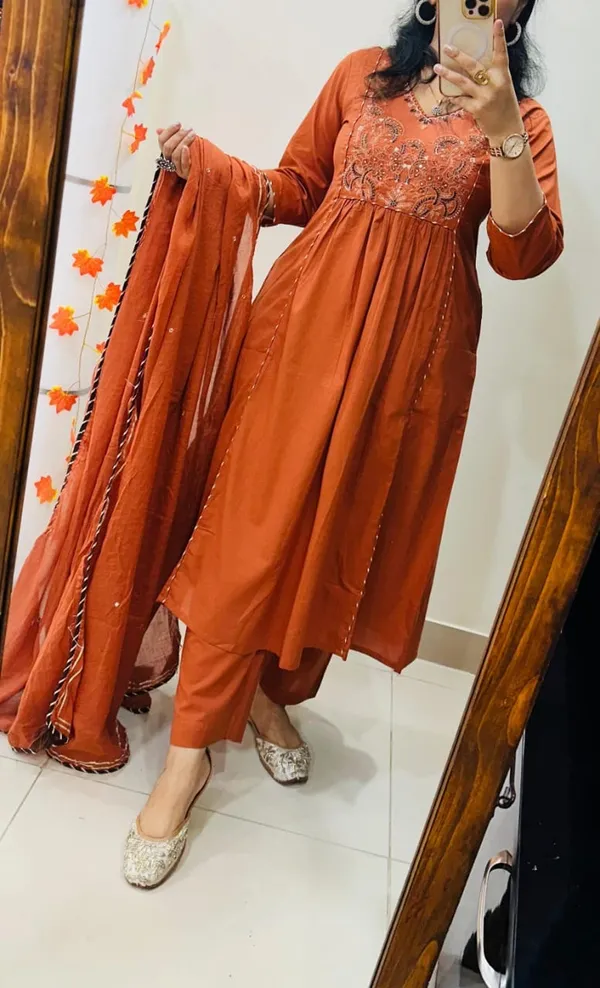 Floral_embroidered_Pure_Cotton_V_Neck_Rust_Kurta_Trouser_&_Dupatta_Set