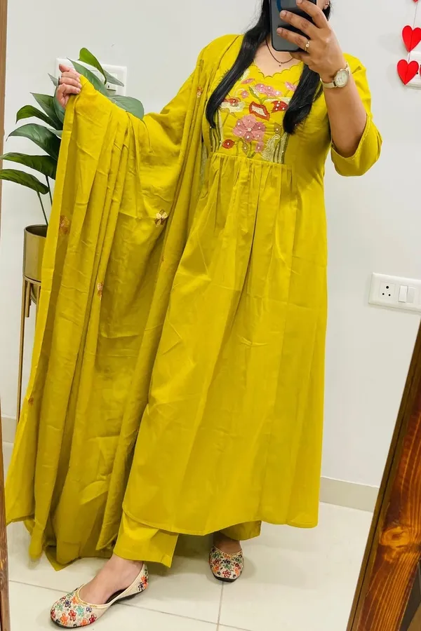 Floral_embroidered_Pure_Cotton_V_Neck_Yellow_Kurta_Trouser_&_Dupatta_Set