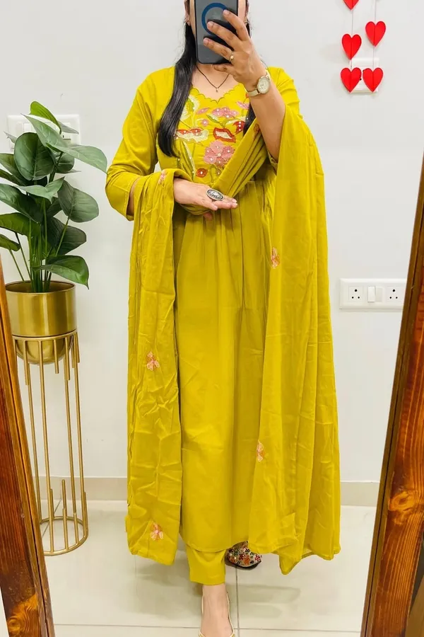 Floral_embroidered_Pure_Cotton_V_Neck_Yellow_Kurta_Trouser_&_Dupatta_Set
