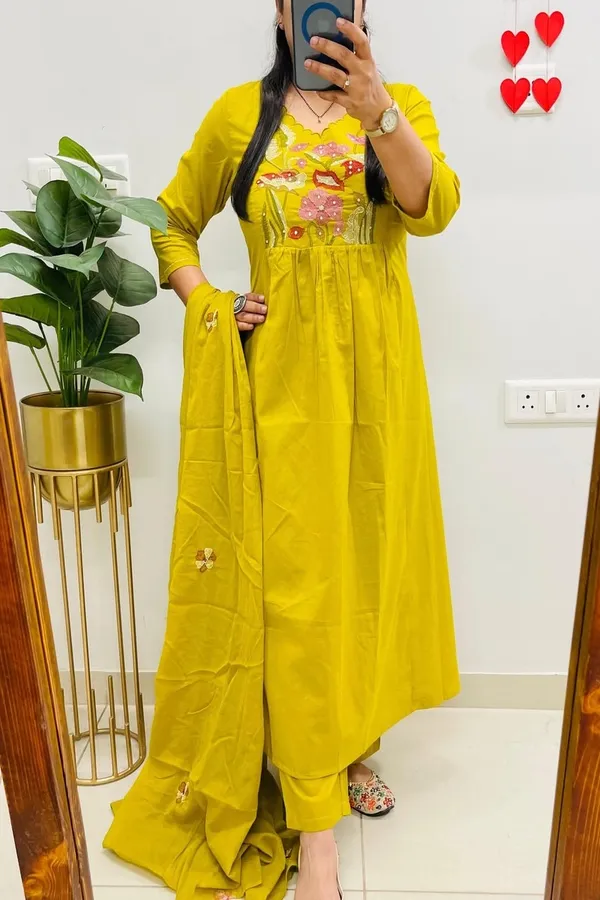 Floral_embroidered_Pure_Cotton_V_Neck_Yellow_Kurta_Trouser_&_Dupatta_Set