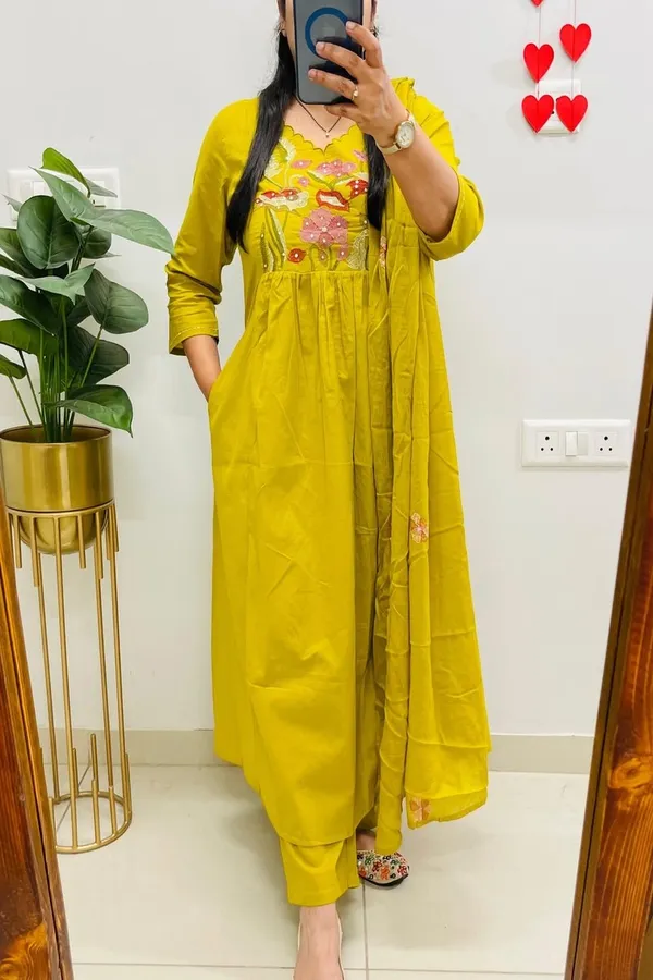 Floral_embroidered_Pure_Cotton_V_Neck_Yellow_Kurta_Trouser_&_Dupatta_Set