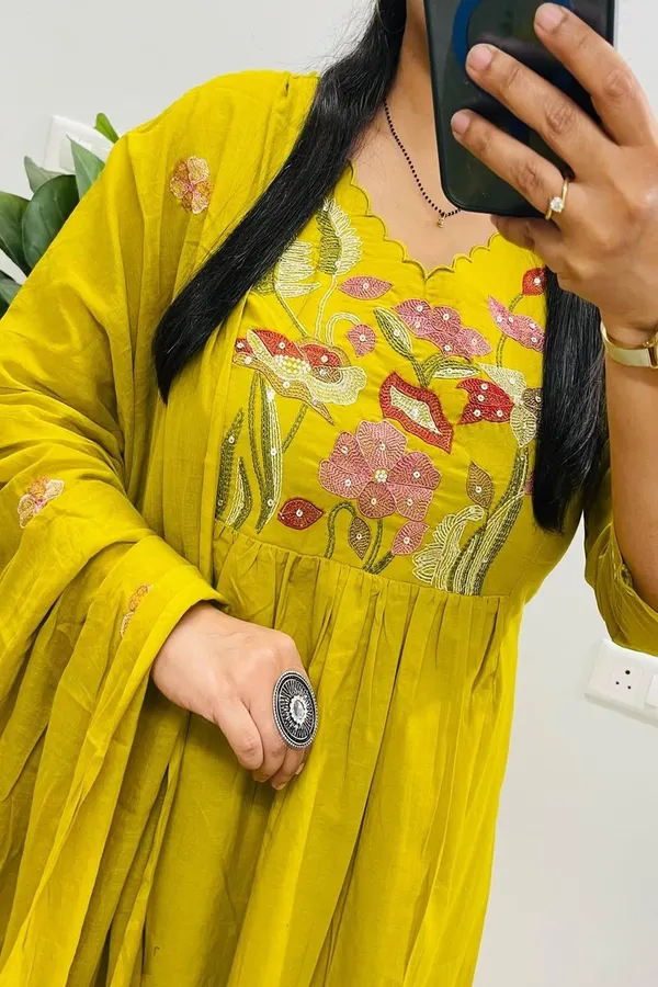 Floral_embroidered_Pure_Cotton_V_Neck_Yellow_Kurta_Trouser_&_Dupatta_Set