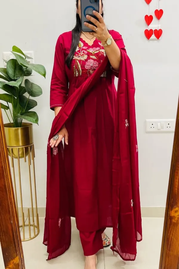 Floral_embroidered_Pure_Cotton_V_Neck_Red_Kurta_Trouser_&_Dupatta_Set
