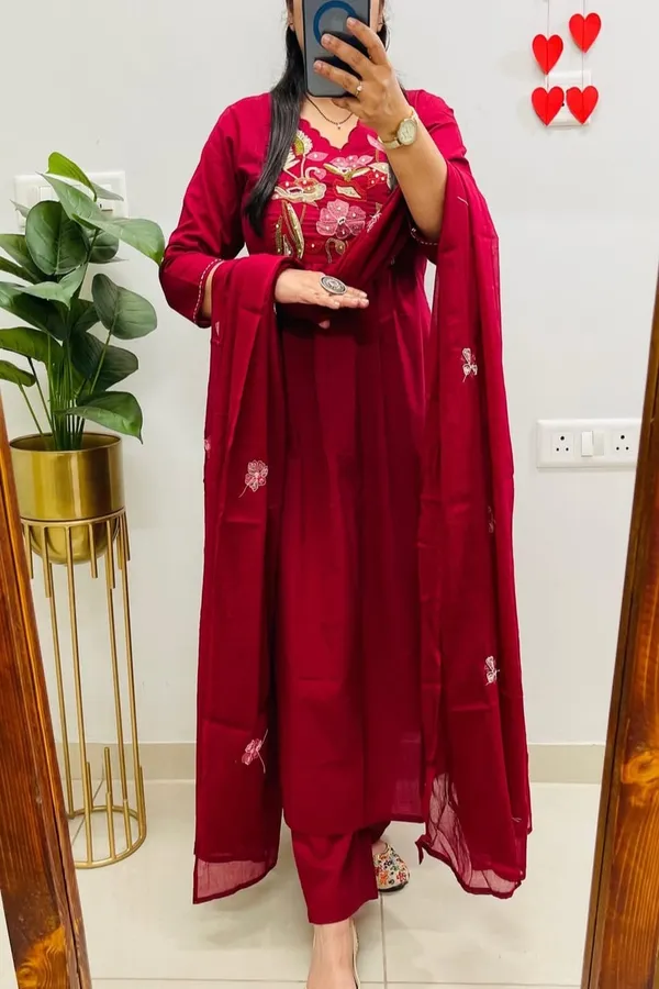 Floral_embroidered_Pure_Cotton_V_Neck_Red_Kurta_Trouser_&_Dupatta_Set