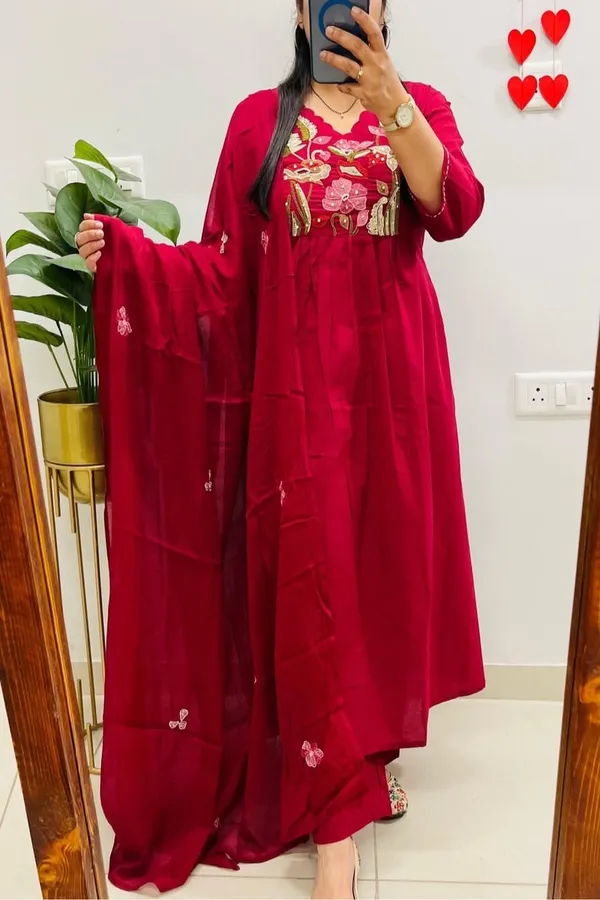 Floral_embroidered_Pure_Cotton_V_Neck_Red_Kurta_Trouser_&_Dupatta_Set