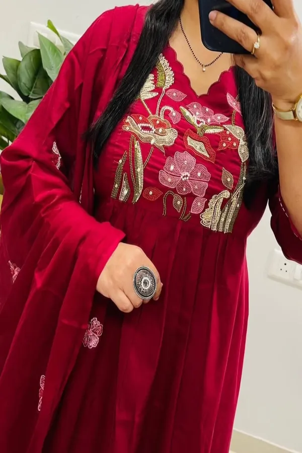 Floral_embroidered_Pure_Cotton_V_Neck_Red_Kurta_Trouser_&_Dupatta_Set