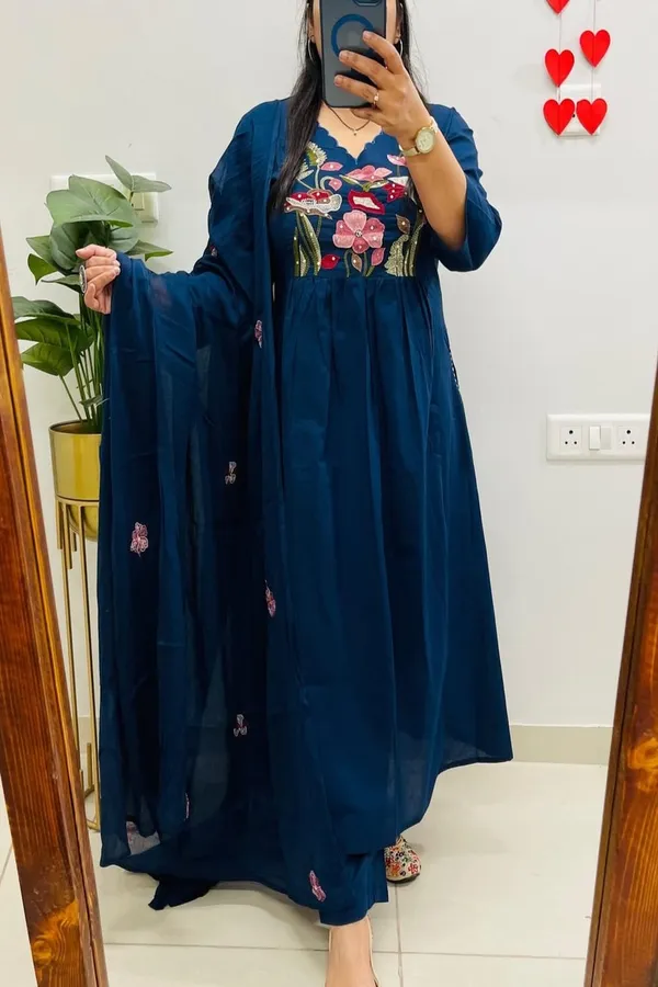 Floral_embroidered_Pure_Cotton_V_Neck_Blue_Kurta_Trouser_&_Dupatta_Set