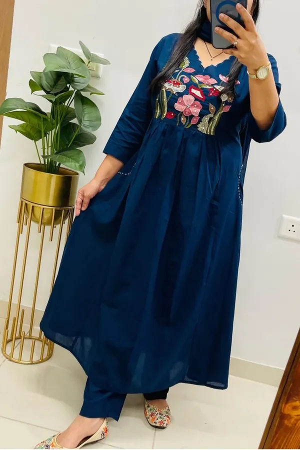 Floral_embroidered_Pure_Cotton_V_Neck_Blue_Kurta_Trouser_&_Dupatta_Set